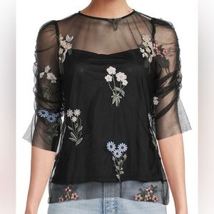 Lea & Viola Black Sheer Floral Embroidered Overlay Top Large NWT